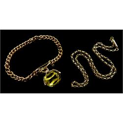 Early 20th century gold link necklace, stamped 9ct and a gold-plated curb bracelet, with 9ct gold citrine swivel fob, Chester 1904
