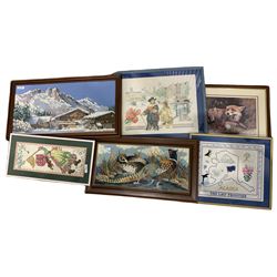 Collection five framed embroideries including ones of Amsterdam and Alaska together with a print of a fox (6)
