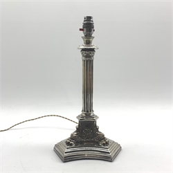  Late 19th/ early 20th century Walker & Hall silver-plated table lamp, Corinthian form with tri-form base, H39cm   