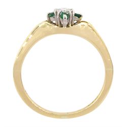 18ct gold baguette cut diamond and emerald ring, London 1978, diamond approx 0.25 carat
