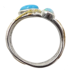 Silver and 14ct gold wire opal and turquoise  ring, stamped 925