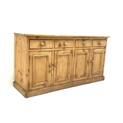  Victorian solid pine dresser base with four drawers over four cupboards, plinth base, W169cm, H89cm, D52cm  