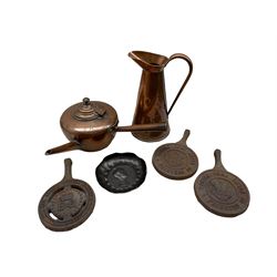 Benham & Froud copper kettle, hammered pewter tea set, copper jug, commeorative trivets and a Victorian Oliver Twist embossed dish 