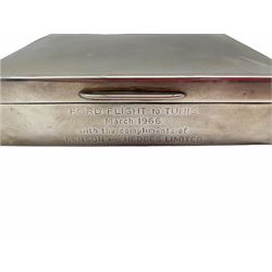 Silver presentation cigarette box dated 1966 by Mappin and Webb, modern silver coaster and a silver presentation dish D13cm