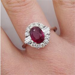 18ct white gold oval ruby, round and tapered baguette diamond ring, stamped 750, ruby 1.86 carat, total diamond weight 0.49 carat, with World Gemological Institute Report