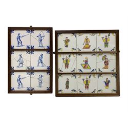 Set of nine 18th century English Delft tiles painted with Oriental figures with birds to the corners, each tile 15cm square, framed 50cm x 48 cm and  six Delft blue and white tiles, framed 50cm x 34cm