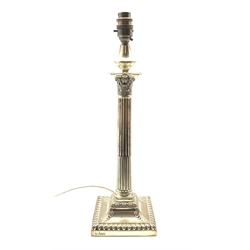 Silver Corinthian column electric table lamp the square base with acanthus leaves and presentation inscription to William Gow H32cm excluding fitting Sheffield 1904 - Maker Hawksworth Eyre & Co 