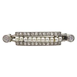 Art Deco platinum milgrain set diamond and pearl bar brooch, in Collingwood velvet and silk lined box 