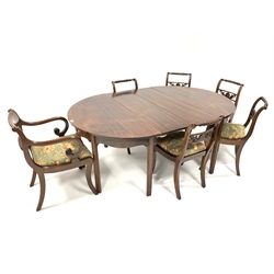 Regency mahogany dining table, with two extra leaves, raised on square chamfered supports, (190cm X 125cm, H72cm) together with a set of six (5+1) Regency mahogany dining chairs, rope twist cresting rail, seats upholstered in Margarita cushing linen, 