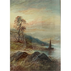 Indistinctly signed lake landscape with figures and boat, watercolour, 51cm x 36cm 