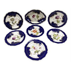 Bloor Derby part dessert service, each painted with flowers within a gilt-highlighted cobalt border comprising six plates and shaped serving serving dish (7)