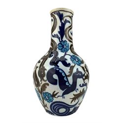 Burmantofts Faience Anglo-Persian bottle vase, designed by Leonard King, painted with dragons and sea serpents amidst flowers and foliage, in tones of blue and green, impressed factory marks, model no. 70, incised DSG-91 (628) and artists monogram LK, H26.5cm 
