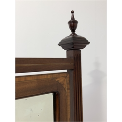 Edwardian Sheraton revival mahogany cheval dressing mirror, fitted with bevelled swing mirror in a mahogany frame with shell inlay and satinwood band, fluted upright supports with turned finials, fluted serpentine out splayed supports, boxwood and ebony stringing throughout
