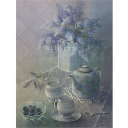 Trisha Hardwick (British 1949-2022): Still Life of Lavender and Violet Flowers in a Vase with Teapot, oil on canvas laid onto board signed 49cm x 38cm