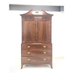 George III style mahogany linen press, swan neck pediment over two fielded panelled doors enclosing two shelves, three graduated drawers under, raised on splayed supports W113cm, H212cm, D53cm