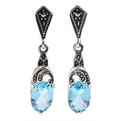 Pair of silver blue stone and marcasite pendant stud earrings, stamped 925 