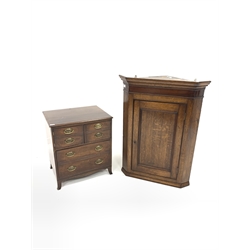 George III oak corner cupboard, projecting cornice over single fielded door enclosing three shelves, (W83cm) together with a George III mahogany chest, fitted with a double cupboard door with faux drawer front and one drawer, (W62cm)