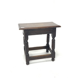 18th century joined oak stool, rectangular moulded top over carved frieze, turned and block supports 