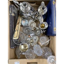 Plated tea set, cased set of Barraclough serving implements, other plated ware and glass