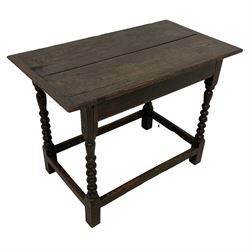 17th century oak side table, cleated and pegged two plank top over moulded front rail, on bobbin turned supports joined by plain stretchers