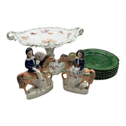 Set of six 19th century Majolica plates with pierced border, pair of Staffordshire figures on horseback and a large twin handled comport (9)