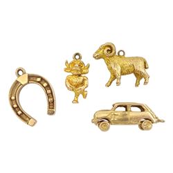 Four 9ct gold pendant/charms including horseshoe, Lincoln Imp, car and ram all hallmarked