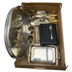 Silver dessert fork and pair of silver serving tongs together with quantity of silver plate including canteen of cutlery, large pierced tray, sugar spade etc. in one box