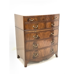 20th century mahogany bow front chest, the cross banded top with ebonised stringing over one long and two short drawers, brushing slide and three long graduated drawers, shaped apron, splayed bracket supports 