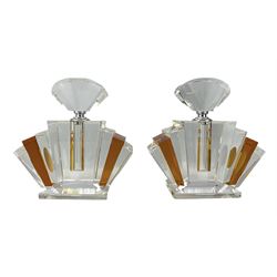 Pair of large Art Deco style amber flashed and clear glass scent bottles, of fan form, H24cm 