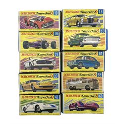 Ten Matchbox 1-75 Superfast boxed vehicles comprising Mercedes 230 SL., Porsche 910, MG. 1100, Lamborghini Miura P400, Lotus Racing Car, Road Dragster, Kennel Truck, Greyhound Coach, Mercedes 300 SE. and a Ford G.T (10)