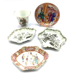 Chinese porcelain 'Wu Shuang Pu' cup,  18th century Chinese Export saucer and three other 18th century Chinese Export shaped dishes, one painted in polychrome enamels and the others in monochrome 