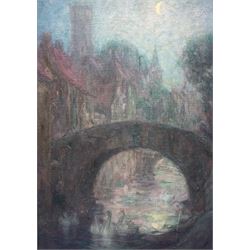 Tom Robertson (Scottish 1850-1947): Stone Bridge in Bruges at Moonlight, oil on canvas board signed verso 34cm x 24cm