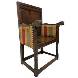 17th century oak Wainscot armchair, moulded frame and panelled back, shaped arms over upholstered sides, on turned front supports united by plain stretchers