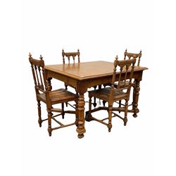 Early 20th century oak duo draw leaf dining table, rectangular top over leaf carved, turned and fluted supports united by stretcher, with four additional leaves (118cm x 102cm, H77cm) together with a set of four similar dining chairs W44cm