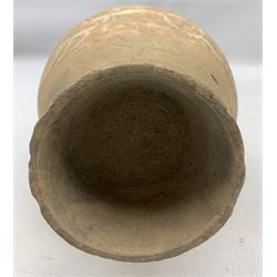 Chinese Han Dynasty terracotta vessel (206 BC-220 AD) of Hu form with traces of black and white pigment decoration, H32cm 