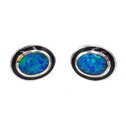 Silver oval opal and enamel stud earrings, stamped 925 
