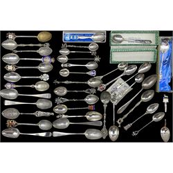 Five 19th century silver tea spoons and a number of English and continental souvenir spoons