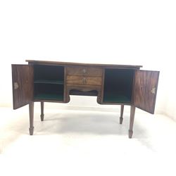 Regency design mahogany serpentine front sideboard, fitted with two drawers and two cupboards, raised on square tapered supports with peg feet W143cm, H98cm, D55cm
