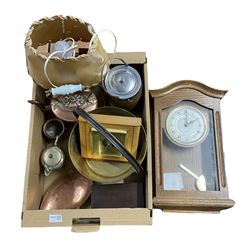 London Clock Co. oak cased wall clock, barometer, brass jam pan, horn lamp, copper kettle etc in one box