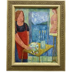 French Impressionist School (20th century): The Bather and Artist's Self Portrait, pair oils on canvas signed PH 44cm x 34cm (2)