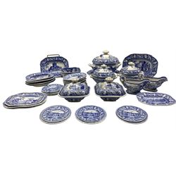 Victorian blue and white transfer printed Minton miniature series service c1825, comprising six bowls, six dinner plates and two larger plates printed with 'Kenelworth Priory' scenes, five 'Entrance to Blaize Castle' side plates, 'Embdon Castle' bowl, pair of 'Lechlade Bridge' tureens, pair of 'Corfe Castle' sauce tureens, one with ladle, 'Bysham Monastery' soup tureen & ladle, 'Lanercost Priory' rectangular and oval meat plates, two graduated meat plates with 'Tewkesbury Church' and 'Donington Park' scenes,  two pairs of 'Abbey Mill' meat plates, a smaller meat plate and two rectangular serving bowls, together with a pair of unmarked sauceboats (39)