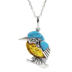 Silver amber and turquoise kingfisher pendant necklace, stamped 925
