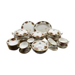 Royal Albert 'Old Country Roses' dinner service comprising eighteen dinner plates, four tureens, six soup bowls and saucers, sauceboat and stand, oval platter, circular stand, twelve bowls and a fruit bowl