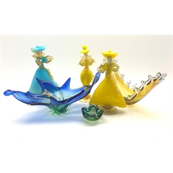  Three Murano glass dancers, H38cm two Murano glass bowls of elongated form and small dish (6)  