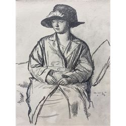 Harold Hope Read (British 1881-1959): 'Woman in Thought' 'Portrait of a Woman' and 'Woman in Hat and Coat', two pencil sketches and one charcoal drawing (respectively), signed, labelled verso max 30cm x 22cm (3) (unframed)