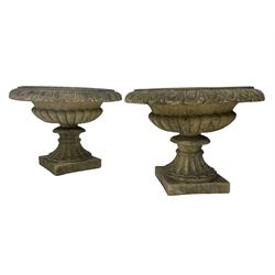 Pair of composite stone classical urn planters, shallow bowl-shaped with egg and dart rim on gadrooned underbelly, fanned foot on square base