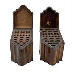 Matched pair of George III mahogany knife boxes of serpentine form, with strung edging, each enclosing a fitted interior, H32.5cm max 