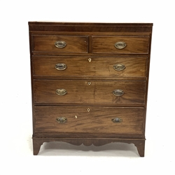 19th century inlaid mahogany chest fitted with two short and three long graduated drawers, with shaped apron, raised on bracket supports, W92cm
