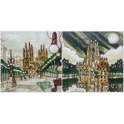 South American School (Contemporary): La Sagrada Familia - Barcelona, pair acrylics indistinctly signed 32cm x 33cm (2)