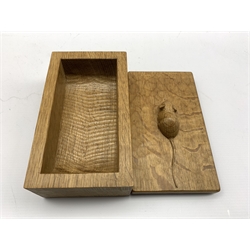 Thompson of Kilburn 'Mouseman' adzed oak rectangular trinket box and cover with carved mouse signature W19cm